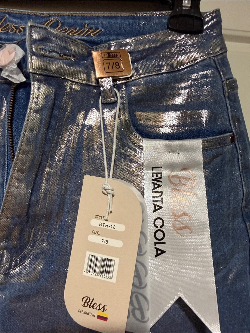 NWT Vibrant MIU Silver Foil Bootcut Jeans boutique foiled jeans 7/8 - Picture 3 of 10